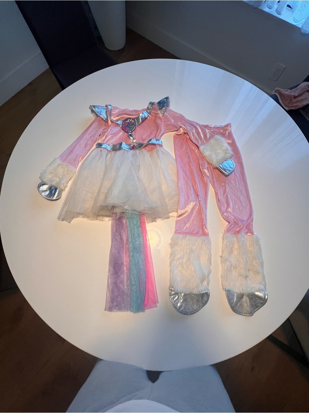 Pink Unicorn Dress-Up Costume with Silver Accents and Pastel Tail